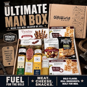 May include: A gift box containing an assortment of food items including Pirouline chocolate hazelnut wafers, GiftWorld artisan olive oil and sea salt crackers, beef summer sausage, gourmet nut mix, Pretzel Pete smoky gouda pretzels, smoked gouda cheese, Genoa salami, cheddar cheese, and pepperoni.