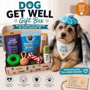May include: A dog get well gift box containing a bag of calming soft chews, a bag of chicken and waffles recipe treats, a bacon and cheese bone, a green spiky ring, a rope ball, a rope bone, and a pill-shaped toy, with a dog wearing a blue ice pack.