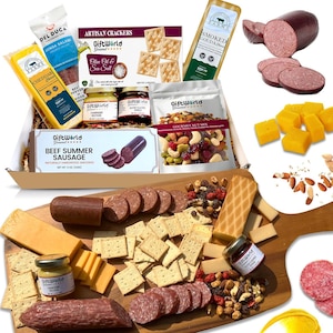 Meat and Cheese Sampler with Salami, Summer Sausage, Crackers, Mustard & Nuts – Gourmet Game Day Snack Set for Men, Dads, Boyfriends