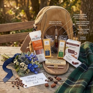 May include: A tan canvas picnic backpack containing a cheese knife, two acrylic goblets, cotton napkins, a wooden-handle corkscrew, artisan crackers, a wooden cutting board, Del Duca salami, cheddar, smoked gouda, and beef summer sausage.