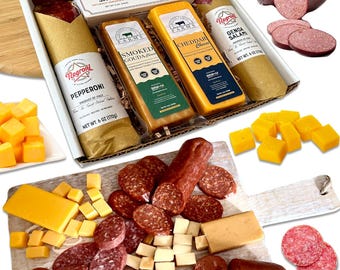 Klassieke vlees- en kaasgeschenkdoos – worst, salami, pepperoni, cheddar en gerookte gouda – gastronomische charcuterieset voor hem, voor haar