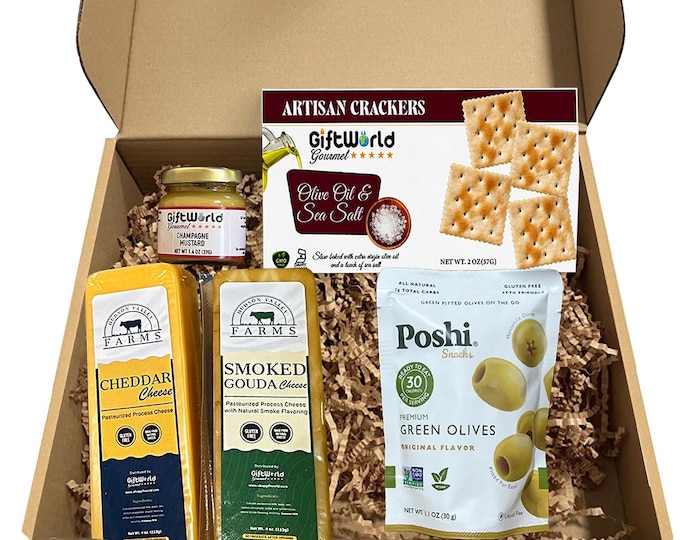 Gourmet Cheese and Cracker Gift Box – Cheddar, Smoked Gouda, Olives, Mustard