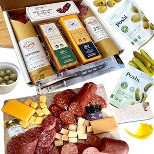 Charcuterie Board Gift Set – Sausage, Salami, Cheeses, Olives, Figs & Spreads with Cheese Knife – Gourmet Meat and Cheese Box