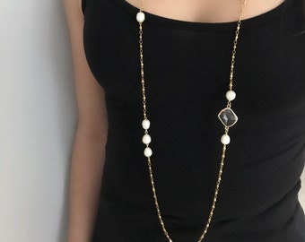 Gold Stainless Steel Chain with fresh water pearls and glass crystal stone