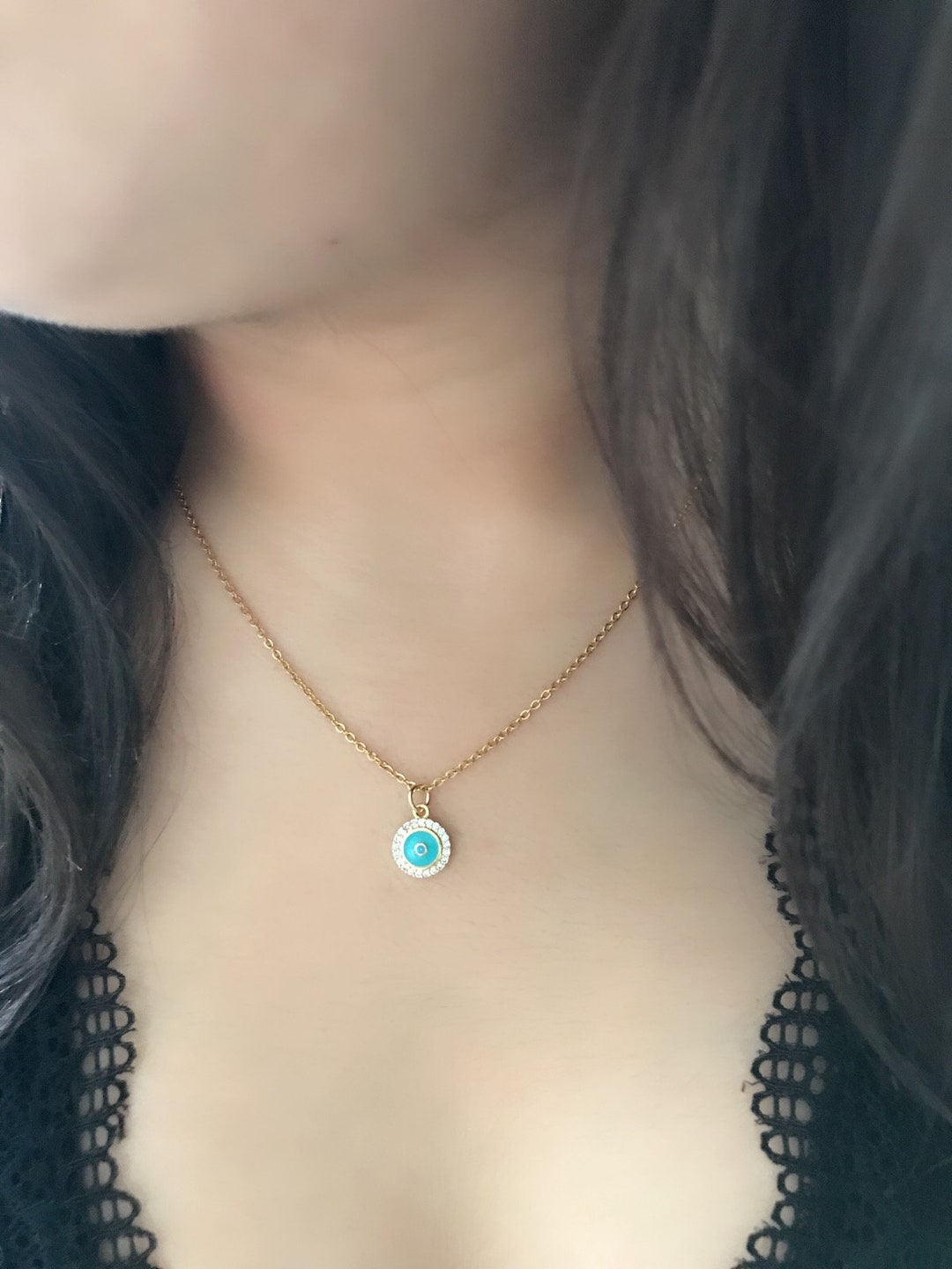 18k Gold Evil Eye Necklace - Adjustable Chain