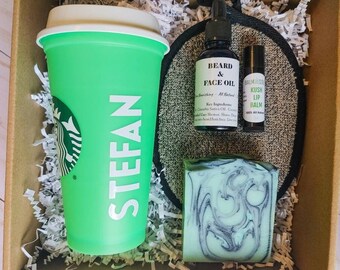 Gift Box for Men | Custom Starbucks coffee cup + Soap bar + Beard & Face Oil + Lip Balm + Bath sponge - Personalized gift set with giftbox