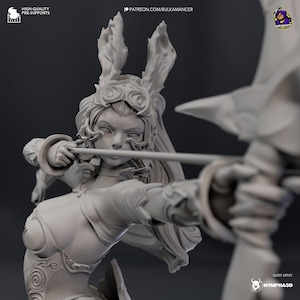 May include: A detailed, grayscale 3D-printed figurine of a woman aiming a bow and arrow. The figure wears ornate armor and a headpiece with stylized, flame-like elements. The image includes text: "HIGH-QUALITY PRE-SUPPORTS" and "PATREON.COM/BULKAMANCER".