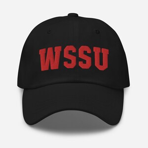 May include: Black baseball cap with a red embroidered logo that says "WSSU".