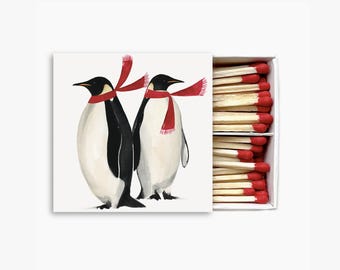 Watercolor Penguin Holiday Safety Matches Decorative Matchbox Red Tip Candle Matches