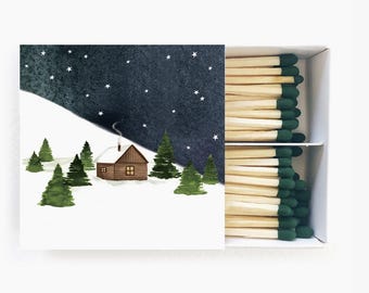 Watercolor Snowy Cabin Holiday Safety Matches Decorative Matchbox Kitchen Candle Matches