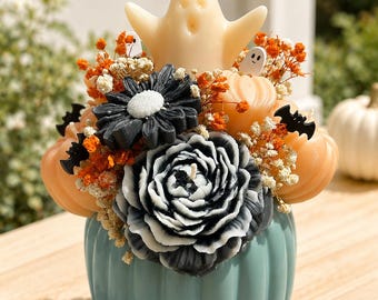 Handmade Halloween Floral Candle Bouquet | Soy Wax, Ghosts, Pumpkins (Gift)