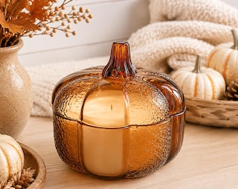 Amber Glass Pumpkin Candle | Soy Wax Fall Decor (Pumpkin Pie Scent): 12 ounce