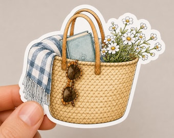 Summer Picnic Basket Sticker | Books, Flowers, Sunglasses, Cottagecore Decal