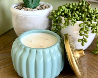 Teal Harvest Ceramic Three-Wick Pumpkin Candle | Soy Wax Fall Decor