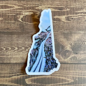 New Hampshire II Stickers/Magnets: NH Franconia Notch Painting, New England Winter Decals in State Map Shape, White Mountains Snow Artwork