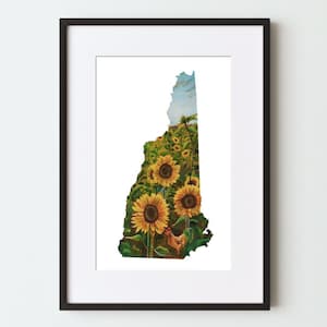 New Hampshire III: Fine Art Print, Sonnenblumenfeld Malerei, New England Sommer Kunstwerk in Form der NH State Map, saisonale Farm Illustration