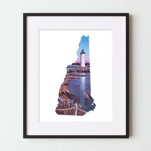 New Hampshire V: Wand Kunst Druck, Gemälde von Leuchtturm am Meer, NH State Karte Natur/Landschaft Home Decor, Malerische New England Coast Art