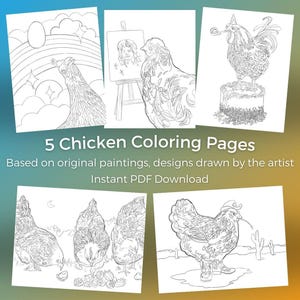 5 Chicken Coloring Pages PDF Bundle, Hen/Rooster Line Art Designs Based on Paintings, Hand-Drawn by Artist, Printable Sheets for Kids/Adults
