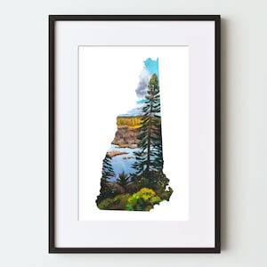 New Hampshire IV: Kunstdruck, Gemälde von Herbstlaub Baum, NH State Map Natur / Landschaft Wohnkultur, Malerische New England Wilderness Art