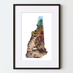 New Hampshire I: Fine Art Print NH Hiking View in Autumn, New England herfstkunstwerk in staat kaartvorm, schilderij illustratie Wall Art Decor