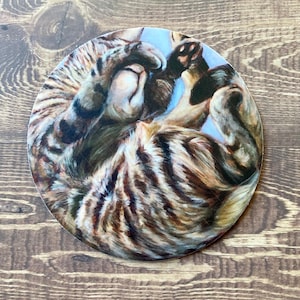 Roundcat Sticker- Circle Kitty Curled Up Sleeping Painting Decal, Cute Striped Gray Tabby Cat Artwork, Vinyl Laptop Water Bottle Sticker