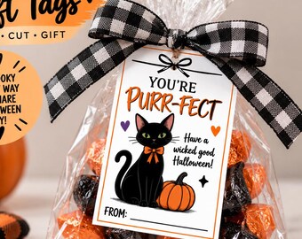 Black Cat Halloween Gift Tags Printable, You’re Purr-Fect Halloween Tags, Halloween Treat Tags, Cat Gift Tag, Instant Download