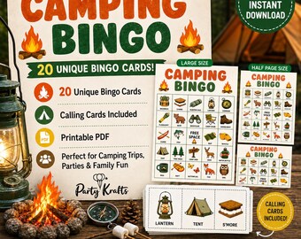 Camping Bingo Game Printable PDF | 20 Unique Bingo Cards | Camp Activity for Kids | RV Trip Game | Family Camping Party Game