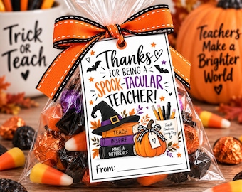 Spook-tacular Teacher Halloween Gift Tags, Witch Hat Pumpkin Design (Digital Download)