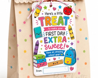 First Day of School Treat Tag Printable | Back to School Gift Tag | Teacher Student Welcome Tag | Classroom Treat Favor | Instant Download