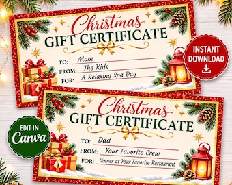 Christmas Gift Certificate Printable, Editable Holiday Gift Voucher PDF