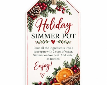 Holiday Simmer Pot Gift Tags Printable, Christmas Simmer Pot Instructions, Rustic Holiday Gift Tags, DIY Christmas Gift Idea, PDF Download
