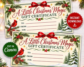 Christmas Gift Certificate Printable, Vintage Cardinal Holiday Gift Voucher PDF