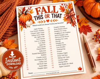 Fall This or That Game Printable, Thanksgiving Party Game, Friendsgiving Activity, Fall Family Game, Instant Download PDF