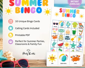 Summer Bingo Game Printable, 10 Unique Bingo Cards, Summer Party Game for Kids, Classroom Activity, Family Reunion Game, Instant Download