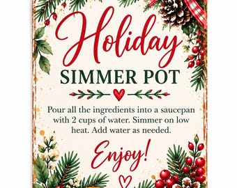 Holiday Simmer Pot Gift Tags: Rustic Evergreen Berries Pinecones (PDF Download)