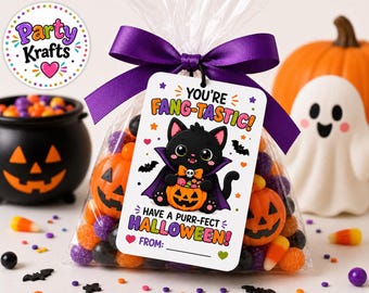 Black Cat Vampire Halloween Treat Tags, Fang-Tastic Candy Labels (Digital Download)
