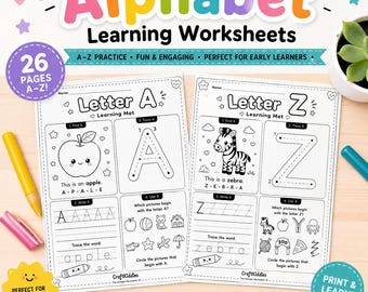 Alphabet Learning Mats Printable | Preschool Letter Tracing Worksheets A-Z | ABC Worksheets | Kindergarten Phonics Activities