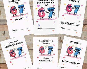 May include: A set of six Valentine's Day cards with cartoon numbers. Each card features a red number 6 and a blue number 7 with sunglasses. The cards have phrases like "You're Giving Cool Energy" and "Happy Valentine's Day."