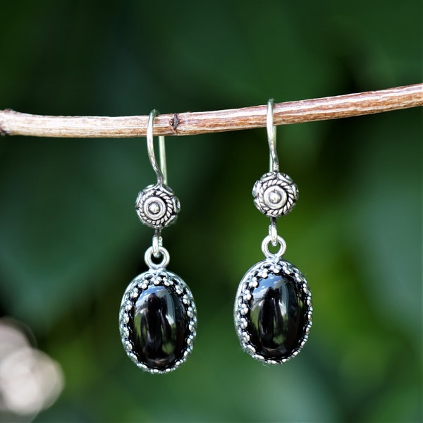 Antiqued Silver and Onyx Earrings