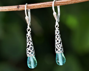Antiqued Sterling Silver and Aqua Glass Earrings