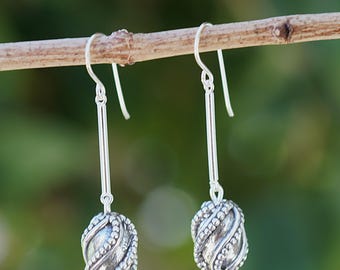 Antiqued Sterling Silver Twisted Bead Drop Earrings