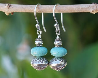 Turquoise and Antiqued Fine Silver Bead Earrings