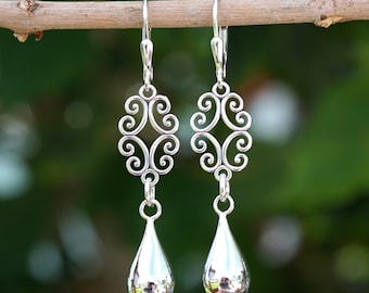 Long Sterling Silver Filigree Link and Teardrop Earrings