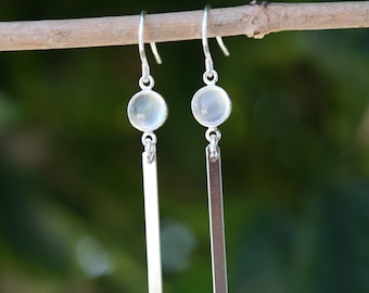 Sterling Silver Bar Dangle Earrings with Moonstone Accents