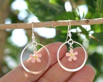Sterling Silver Pink Flower Hoop Earrings