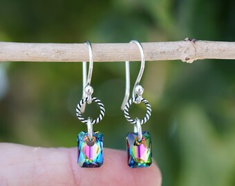 Emerald Cut Vitrail Crystal and Sterling Silver Earrings