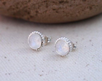 Rainbow Moonstone Sterling Silver Stud Earrings
