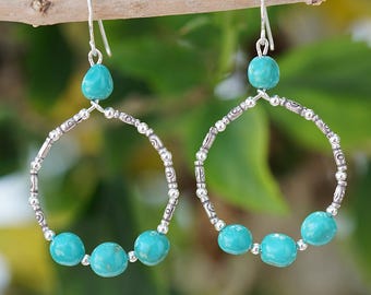 Turquoise Nugget and Fine Silver Beaded Hoop Earrings