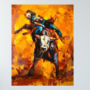 ART PRINT Heat of the Moment | Canvas | Paper | Cowboy Bull Wall Art, Stampede Rodeo Poster, Rustic Western Painting, Farmhouse Home Decor