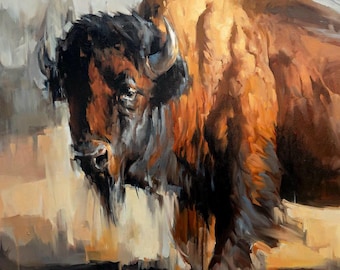 ART PRINT Chieftain | Canvas | Paper | Bison Wall Art, Buffalo Poster, Wildlife Bull Painting, Western Stampede Art, Farmhouse Home Decor